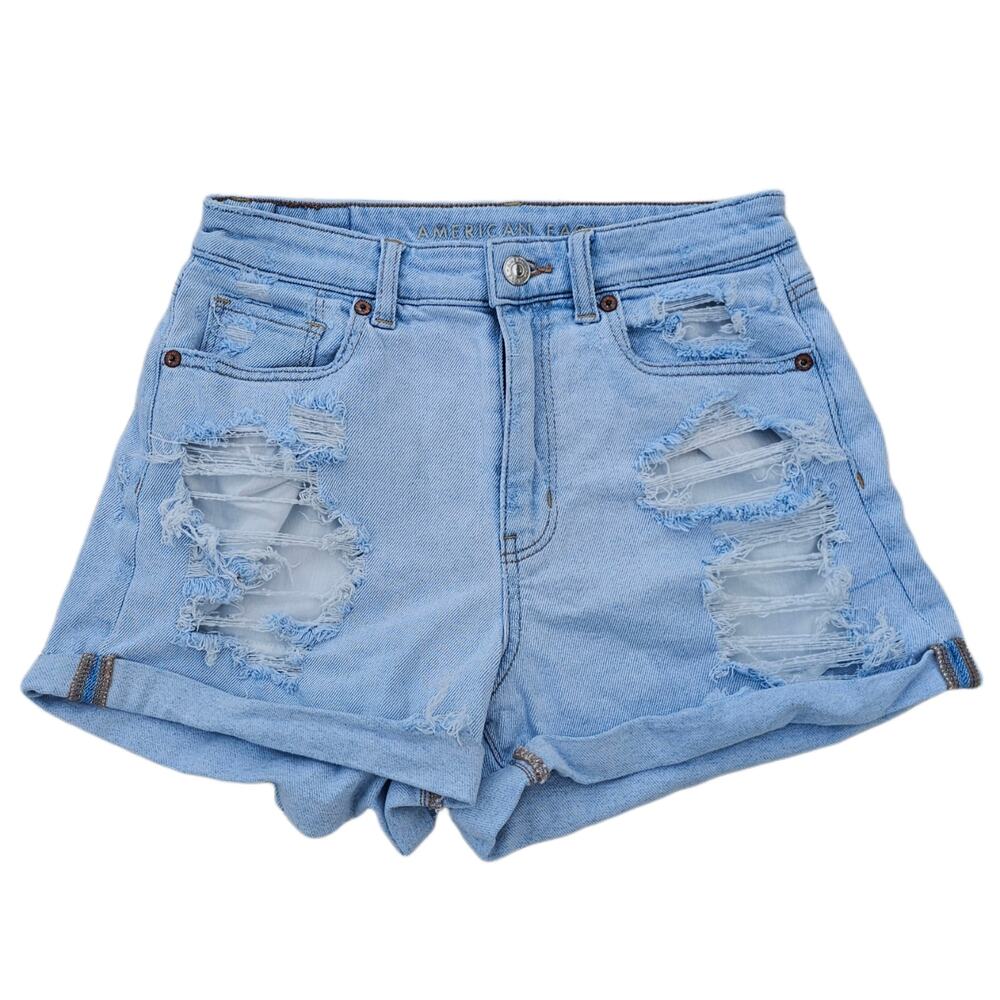 Distressed Mom Shorts AEO Size 4 Light Wash Stretch Denim Cutoff Ripped Shredded
